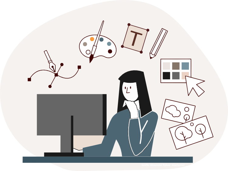 Webdesign mit WordPress - Grafik: Frau mit langem Haar vor Bildschirm mit Symbolen für Farbe und Kontrast